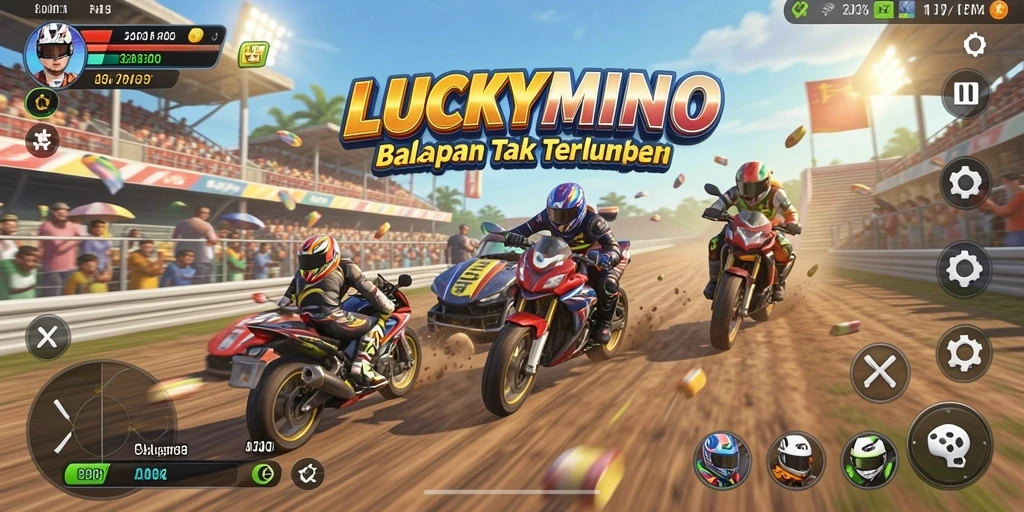 Tampilan gameplay balapan LUCKYMINO yang seru dan menegangkan.
