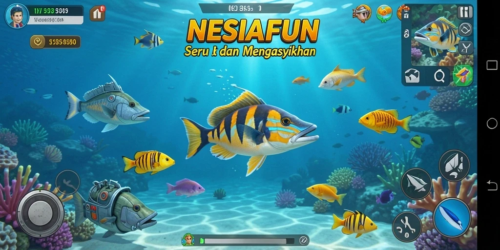 Tampilan gameplay seru NESIAFUN menunjukkan aksi menembak ikan.