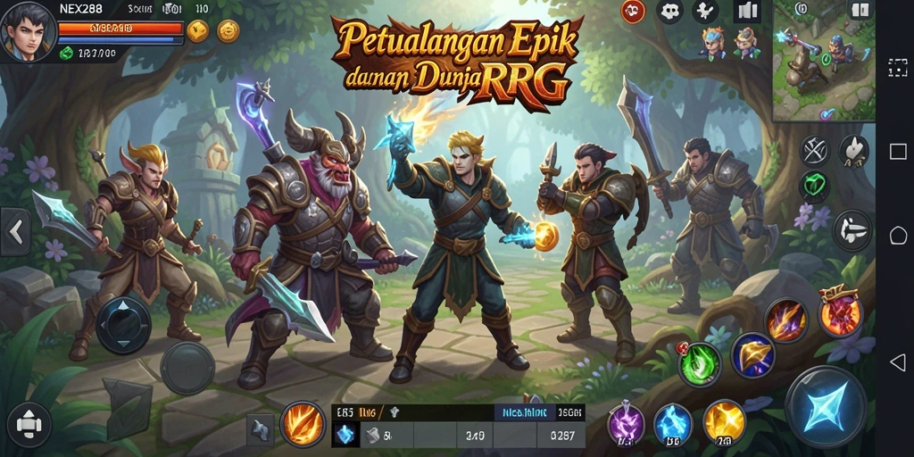 Screenshot utama dari gameplay RPG NEX288 yang menampilkan aksi pertempuran yang epik.