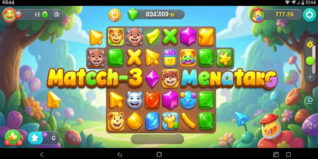 Screenshot RR44 menampilkan gameplay seru dengan pencocokan permata.