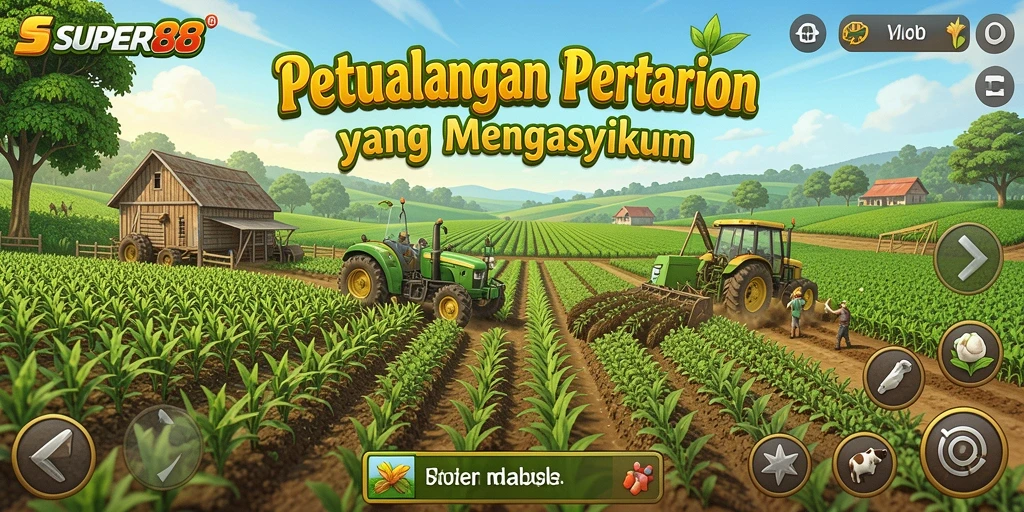 Screenshot dari gameplay SUPER88 menampilkan ladang yang subur dan beragam aktivitas pertanian.