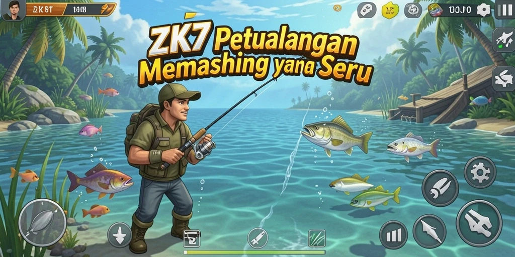 Tampilan gameplay ZK7 yang memukau saat memancing di danau.